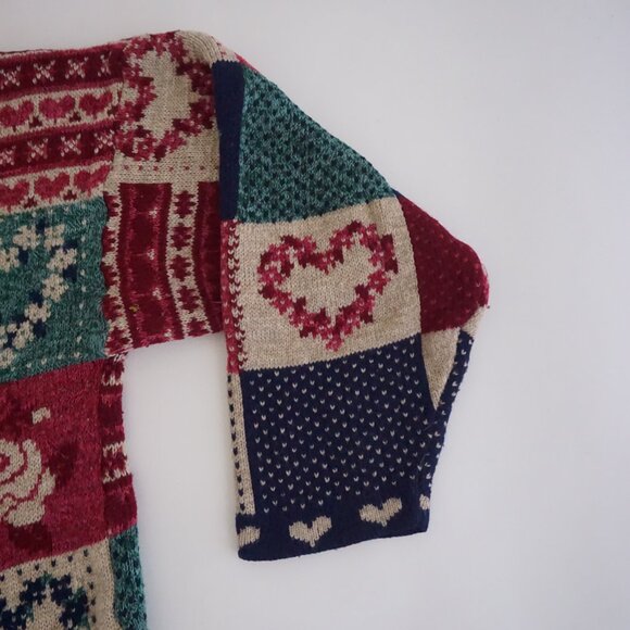 Vintage Maggie Lawrence Patchwork Heart Rose Sweater Tunic Long Sleeve XL - Picture 3 of 11